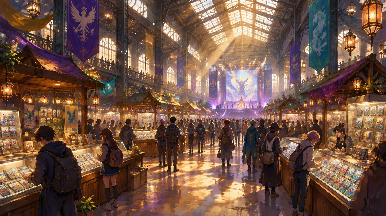 Una grande sala industriale trasformata in un quartiere di stand e vetrine di carte