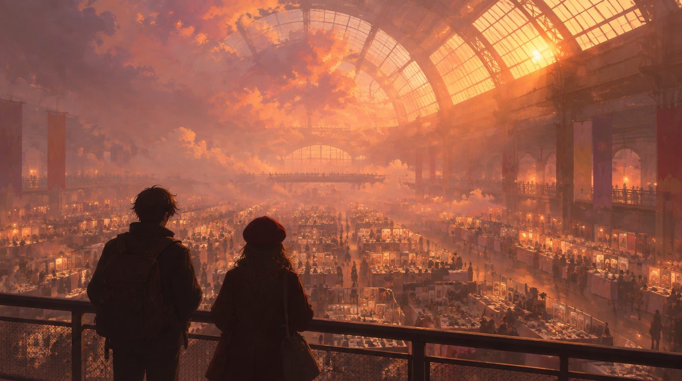 Due collezionisti guardano dall'alto una distesa di stand al tramonto