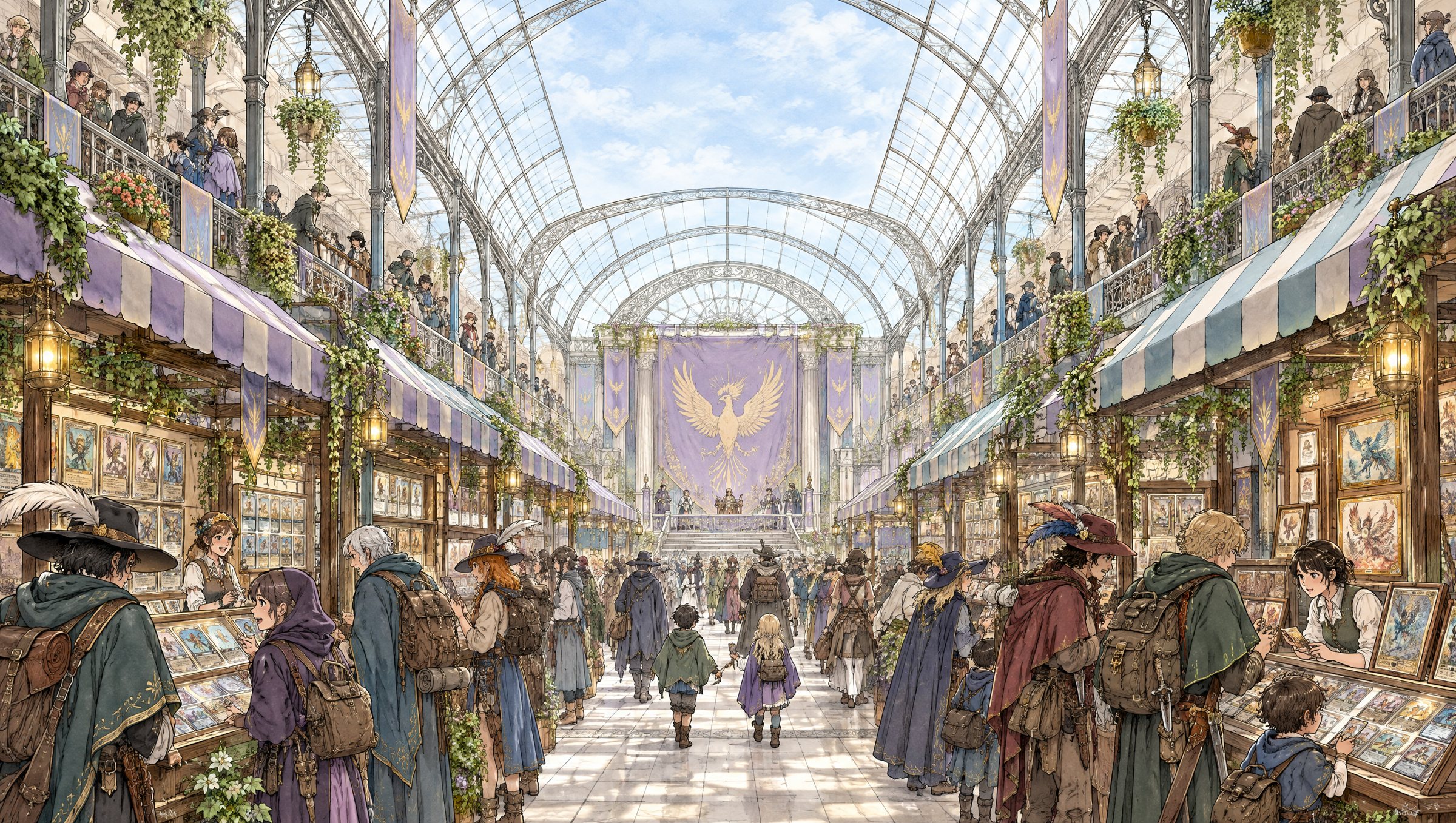 Un grande mercato coperto con tetto di vetro: stand con carte da collezione, stendardi e una folla di visitatori